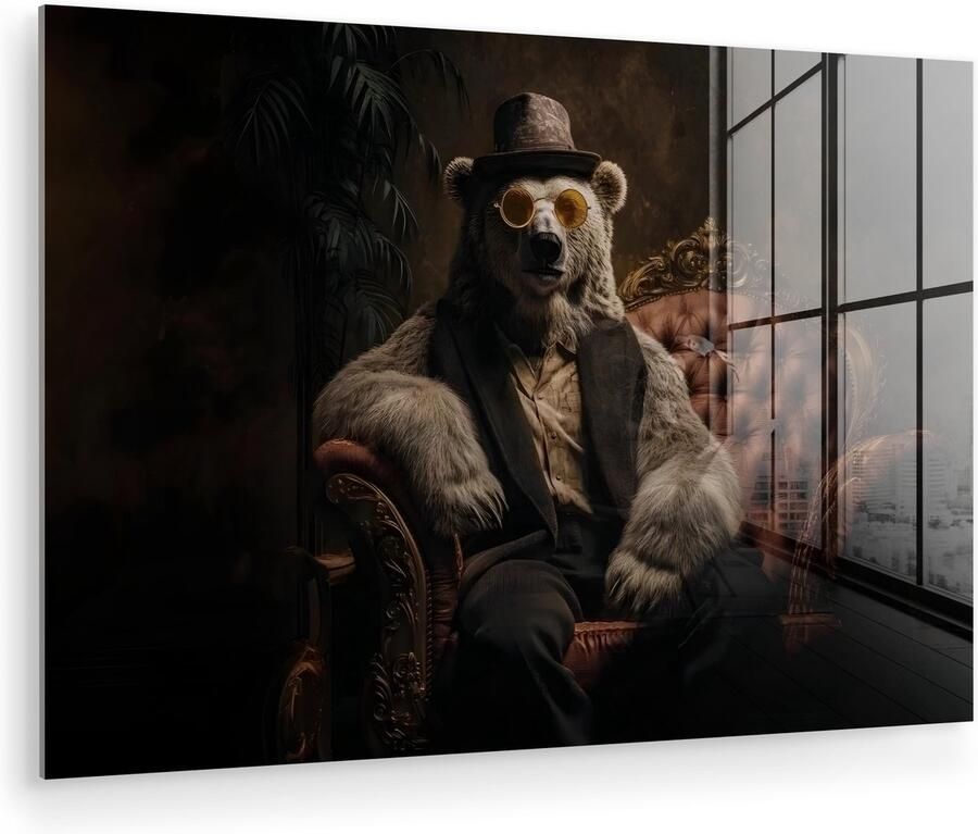 MuchoWow Glasschilderij 120x80 cm Schilderij acrylglas Ijsbeer Hoed Bril Stoel Foto op glas Muurdecoratie woonkamer Wanddecoratie slaapkamer Schilderijen