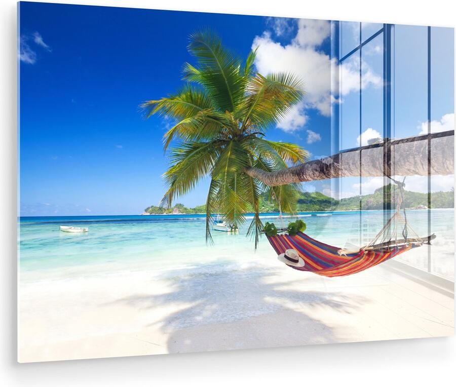 MuchoWow Glasschilderij 120x80 cm Schilderij acrylglas Strand Hangmat Zee Palmboom Foto op glas Muurdecoratie woonkamer Wanddecoratie slaapkamer Schilderijen