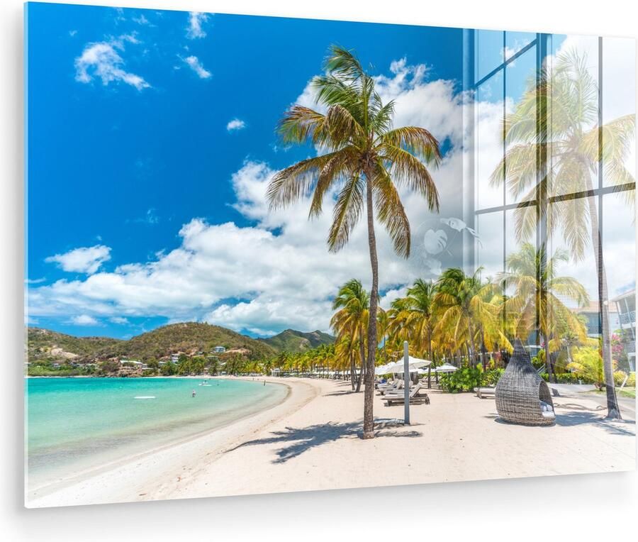 MuchoWow Glasschilderij 150x100 cm Schilderij acrylglas Strand Ligbed Palmbomen Foto op glas Muurdecoratie woonkamer Wanddecoratie slaapkamer Schilderijen - Foto 2