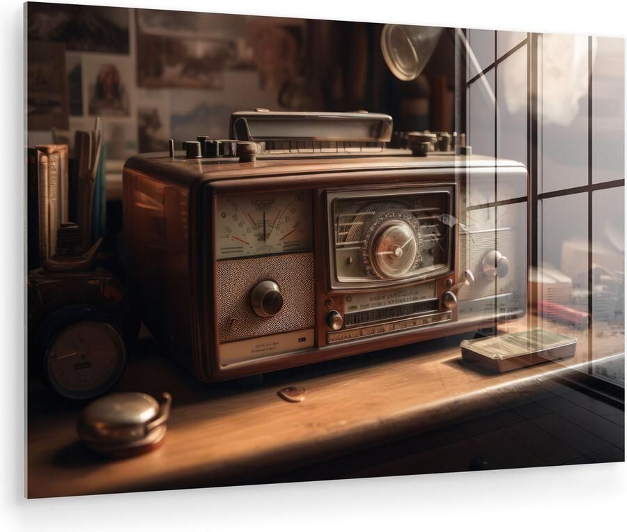 MuchoWow Glasschilderij 60x40 cm Schilderij acrylglas Vintage Radio Oud Bureau Lamp Foto op glas Muurdecoratie woonkamer Wanddecoratie slaapkamer Schilderijen