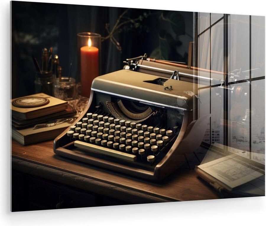 MuchoWow Glasschilderij 30x20 cm Schilderij acrylglas Vintage Typmachine Kaars Oud Bureau Foto op glas Muurdecoratie woonkamer Wanddecoratie slaapkamer Schilderijen