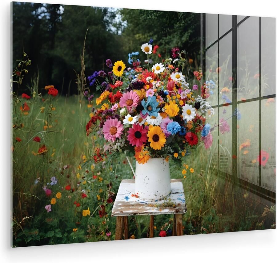 MuchoWow Glasschilderij 160x120 cm Schilderij acrylglas Bloemen Krukje Gieter Veld Foto op glas Muurdecoratie woonkamer Wanddecoratie slaapkamer Schilderijen