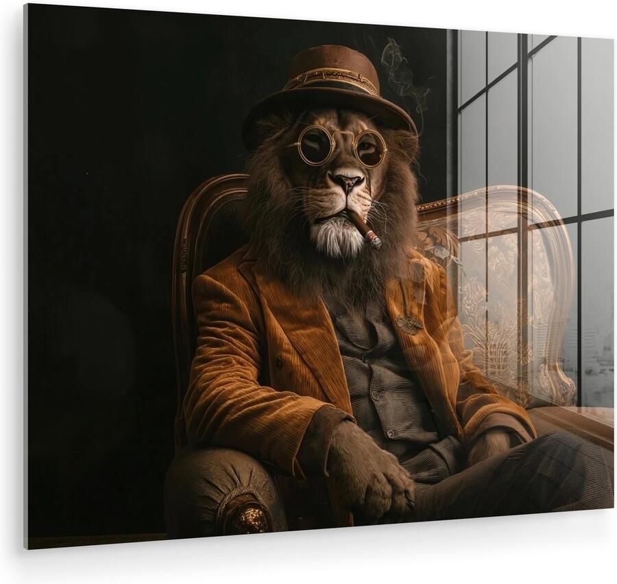 MuchoWow Glasschilderij 120x90 cm Schilderij acrylglas Bril Leeuw Bank Hoed Foto op glas Muurdecoratie woonkamer Wanddecoratie slaapkamer Schilderijen