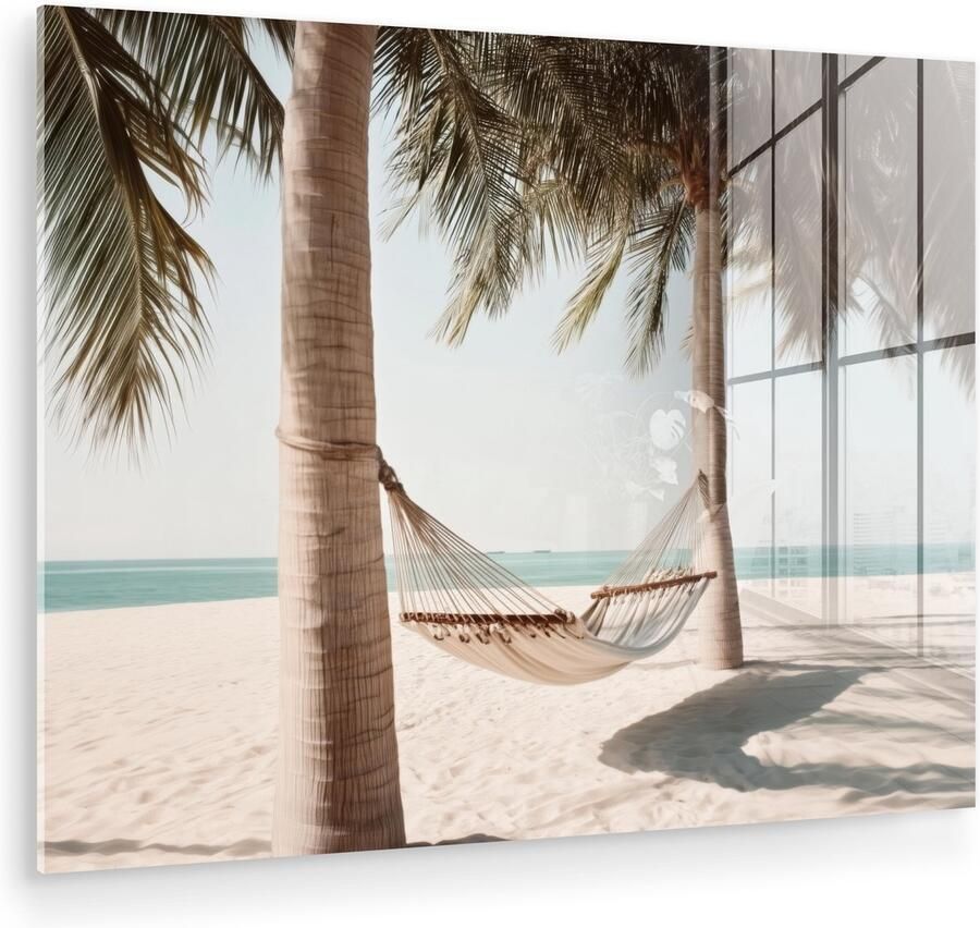 MuchoWow Glasschilderij 120x90 cm Schilderij acrylglas Hangmat Palmbomen Strand Zee Foto op glas Muurdecoratie woonkamer Wanddecoratie slaapkamer Schilderijen