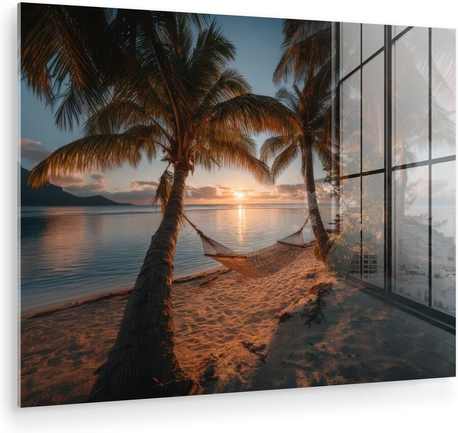 MuchoWow Glasschilderij 120x90 cm Schilderij acrylglas Palmbomen Hangmat Strand Zonsondergang Foto op glas Muurdecoratie woonkamer Wanddecoratie slaapkamer Schilderijen