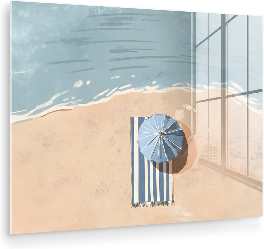 MuchoWow Glasschilderij 160x120 cm Schilderij acrylglas Strandlaken Strepen Parasol Strand Foto op glas Muurdecoratie woonkamer Wanddecoratie slaapkamer Schilderijen