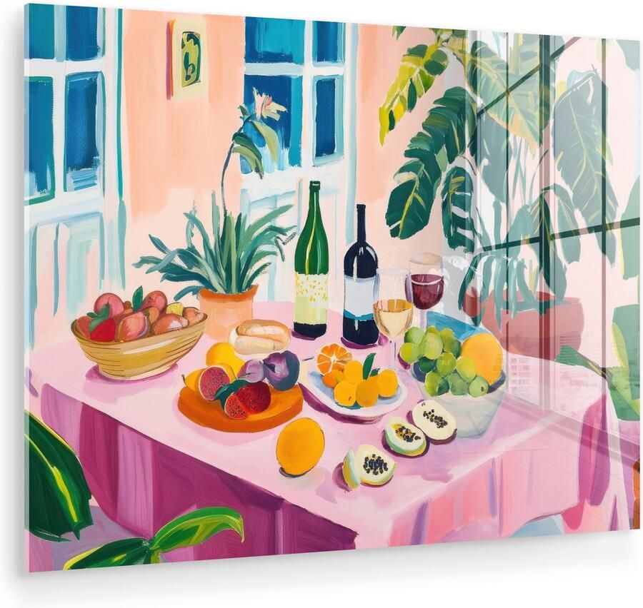 MuchoWow Glasschilderij 160x120 cm Schilderij acrylglas Tafel Wijn Fruit Foto op glas Muurdecoratie woonkamer Wanddecoratie slaapkamer Schilderijen