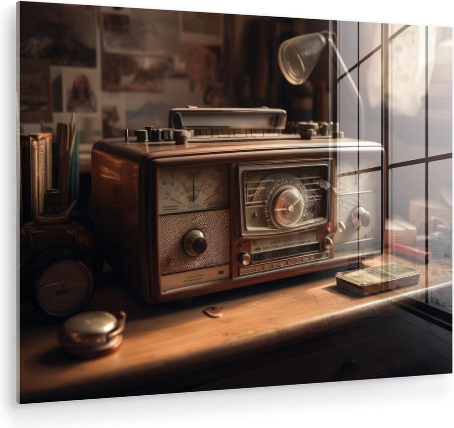 MuchoWow Glasschilderij 80x60 cm Schilderij acrylglas Vintage Radio Oud Bureau Lamp Foto op glas Muurdecoratie woonkamer Wanddecoratie slaapkamer Schilderijen
