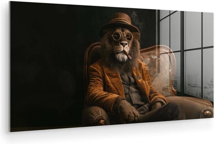 MuchoWow Glasschilderij 120x60 cm Schilderij acrylglas Bril Leeuw Bank Hoed Foto op glas Muurdecoratie woonkamer Wanddecoratie slaapkamer Schilderijen