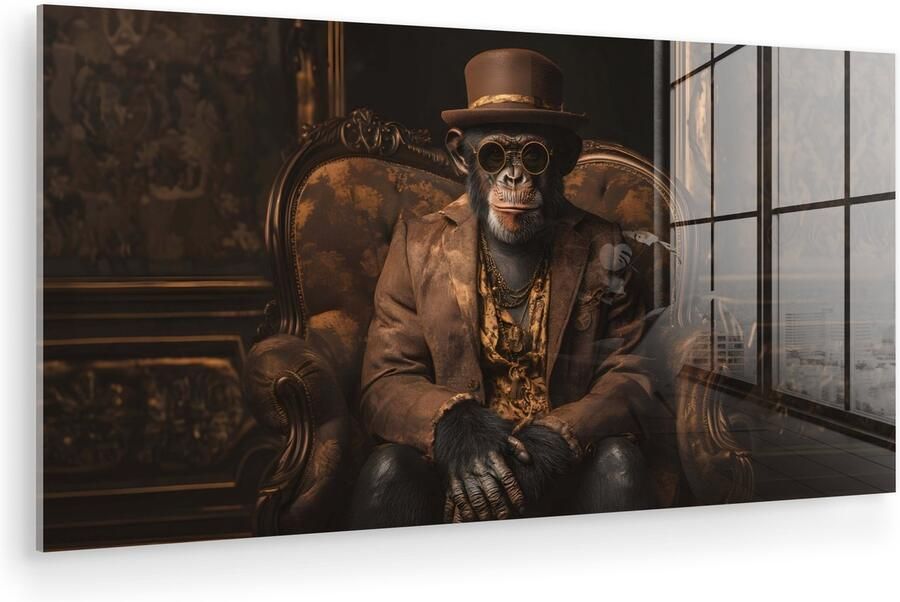 MuchoWow Glasschilderij 120x60 cm Schilderij acrylglas Chimpansee Stoel Pak Bruin Foto op glas Muurdecoratie woonkamer Wanddecoratie slaapkamer Schilderijen