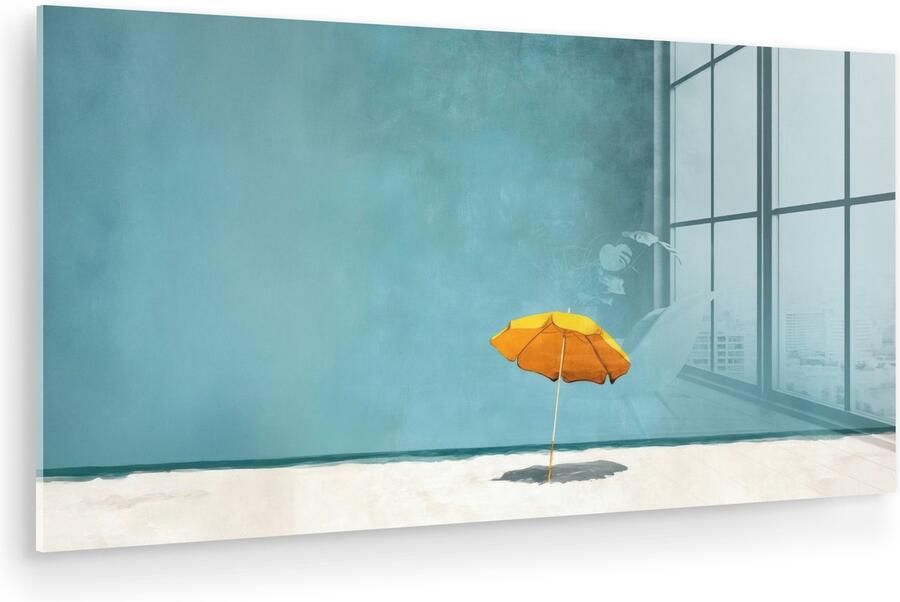 MuchoWow Glasschilderij 120x60 cm Schilderij acrylglas Parasol Geel Strand Zee Foto op glas Muurdecoratie woonkamer Wanddecoratie slaapkamer Schilderijen