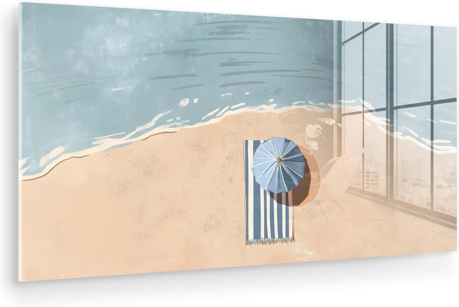 MuchoWow Glasschilderij 120x60 cm Schilderij acrylglas Strandlaken Strepen Parasol Strand Foto op glas Muurdecoratie woonkamer Wanddecoratie slaapkamer Schilderijen