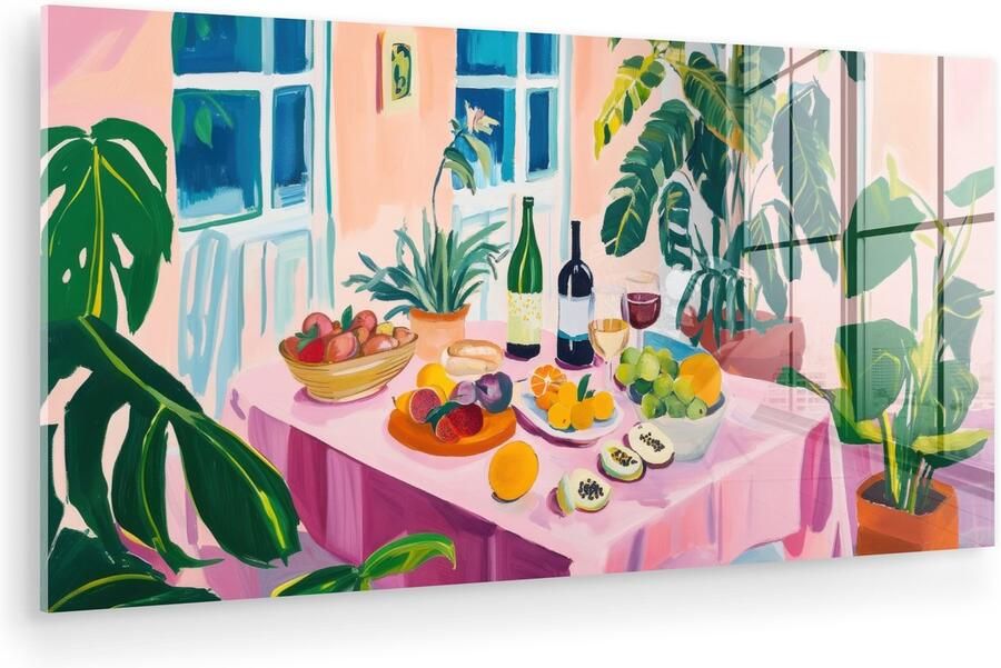 MuchoWow Glasschilderij 120x60 cm Schilderij acrylglas Tafel Wijn Fruit Foto op glas Muurdecoratie woonkamer Wanddecoratie slaapkamer Schilderijen