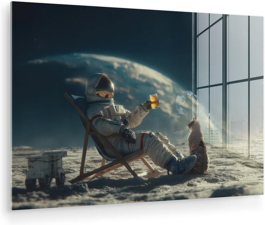 MuchoWow Glasschilderij 30x20 cm Schilderij acrylglas Astronaut Kat Glas Stoel Foto op glas Muurdecoratie woonkamer Wanddecoratie slaapkamer Schilderijen