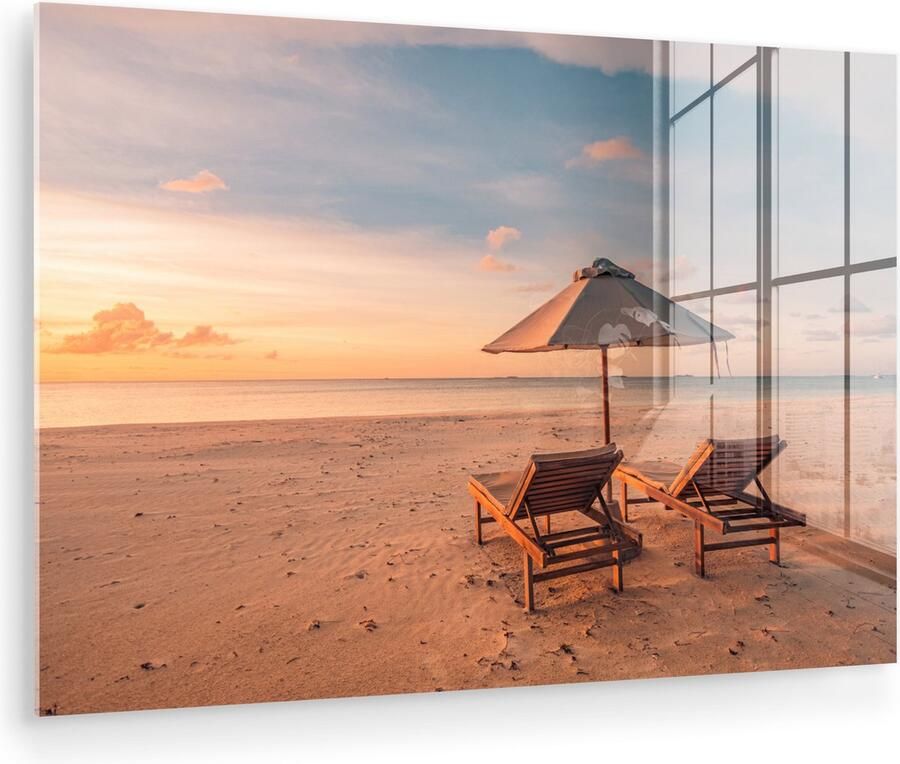 MuchoWow Glasschilderij 180x120 cm Schilderij acrylglas Strand Ligbed Parasol Foto op glas Muurdecoratie woonkamer Wanddecoratie slaapkamer Schilderijen