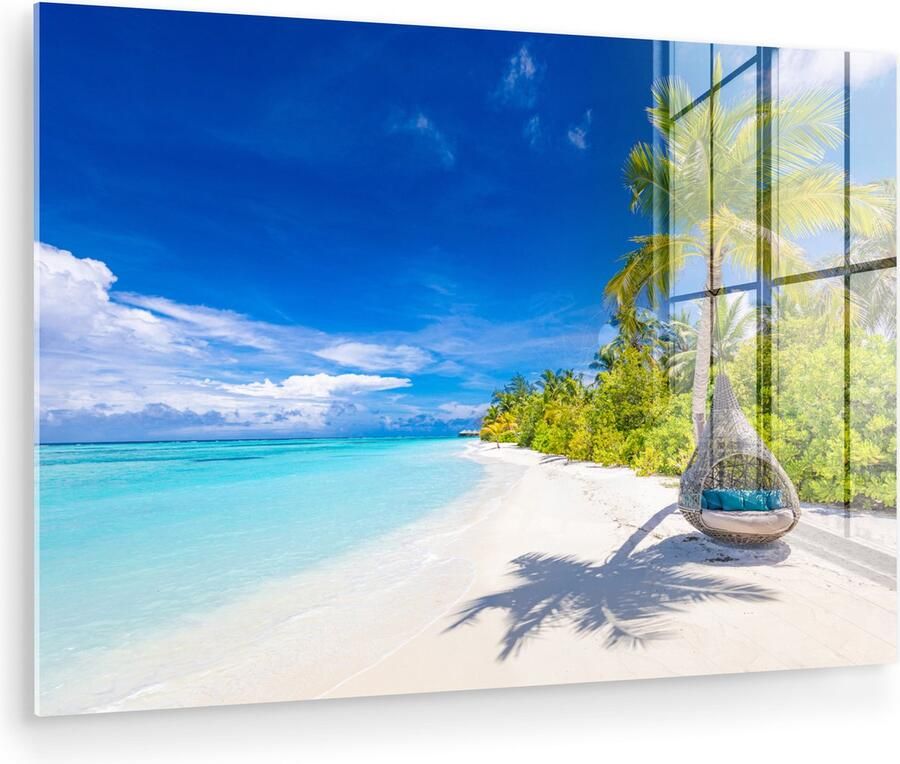 MuchoWow Glasschilderij 180x120 cm Schilderij acrylglas Strand Palm Hangstoel Foto op glas Muurdecoratie woonkamer Wanddecoratie slaapkamer Schilderijen