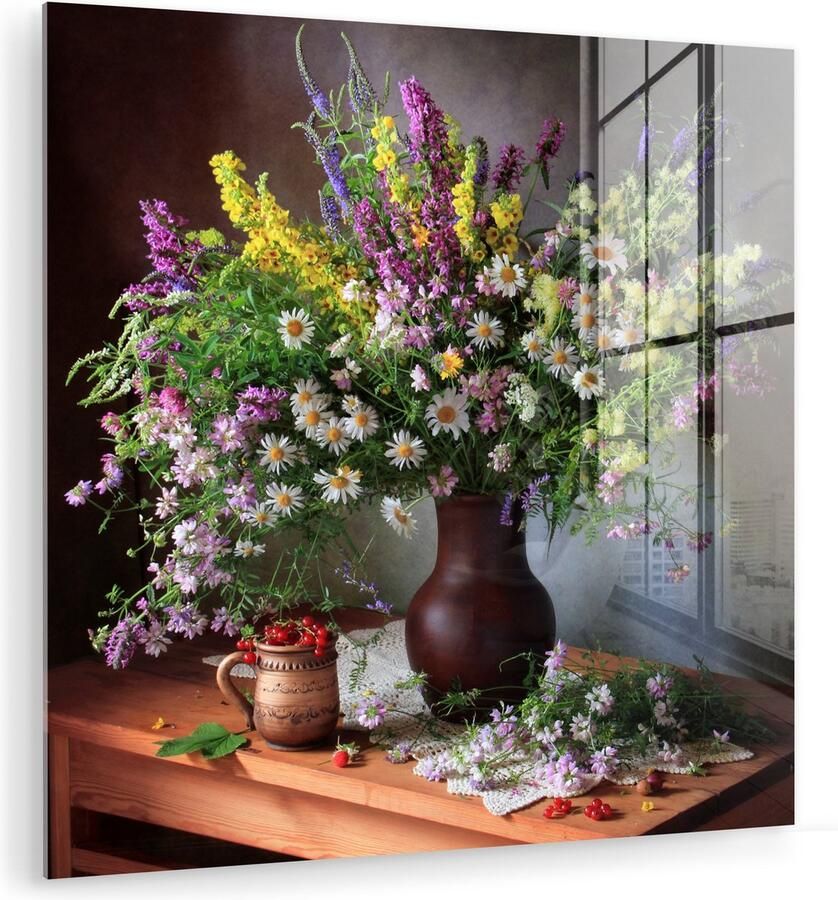 MuchoWow Glasschilderij 20x20 cm Schilderij acrylglas Bloemen Tafel Stilleven Boeket Vaas Foto op glas Muurdecoratie woonkamer Wanddecoratie slaapkamer Schilderijen - Foto 2