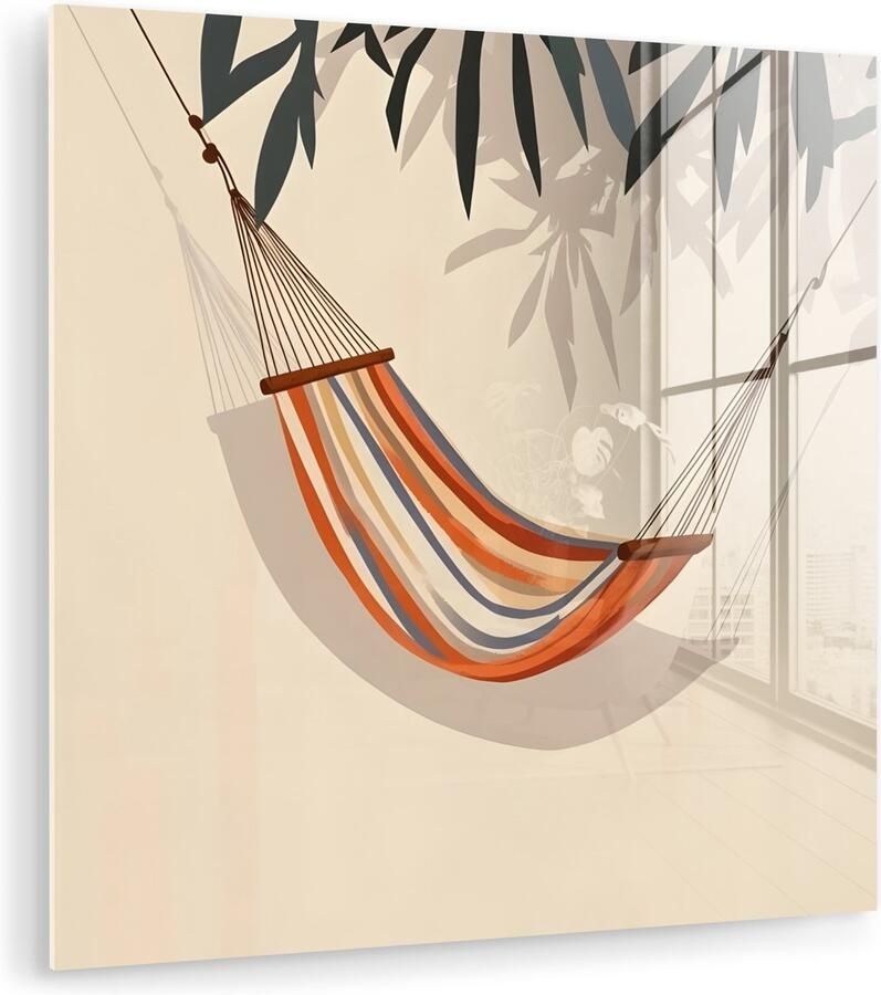 MuchoWow Glasschilderij 20x20 cm Schilderij acrylglas Hangmat Kleurrijk Bladeren Schaduw Foto op glas Muurdecoratie woonkamer Wanddecoratie slaapkamer Schilderijen