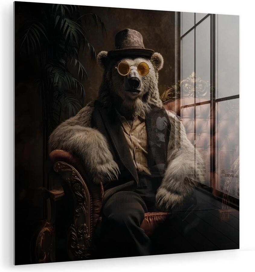 MuchoWow Glasschilderij 90x90 cm Schilderij acrylglas Ijsbeer Hoed Bril Stoel Foto op glas Muurdecoratie woonkamer Wanddecoratie slaapkamer Schilderijen