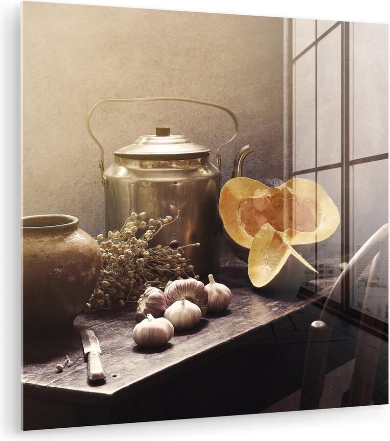 MuchoWow Glasschilderij 90x90 cm Schilderij acrylglas Stilleven Pompoen Knoflook Pan Tafel Foto op glas Muurdecoratie woonkamer Wanddecoratie slaapkamer Schilderijen