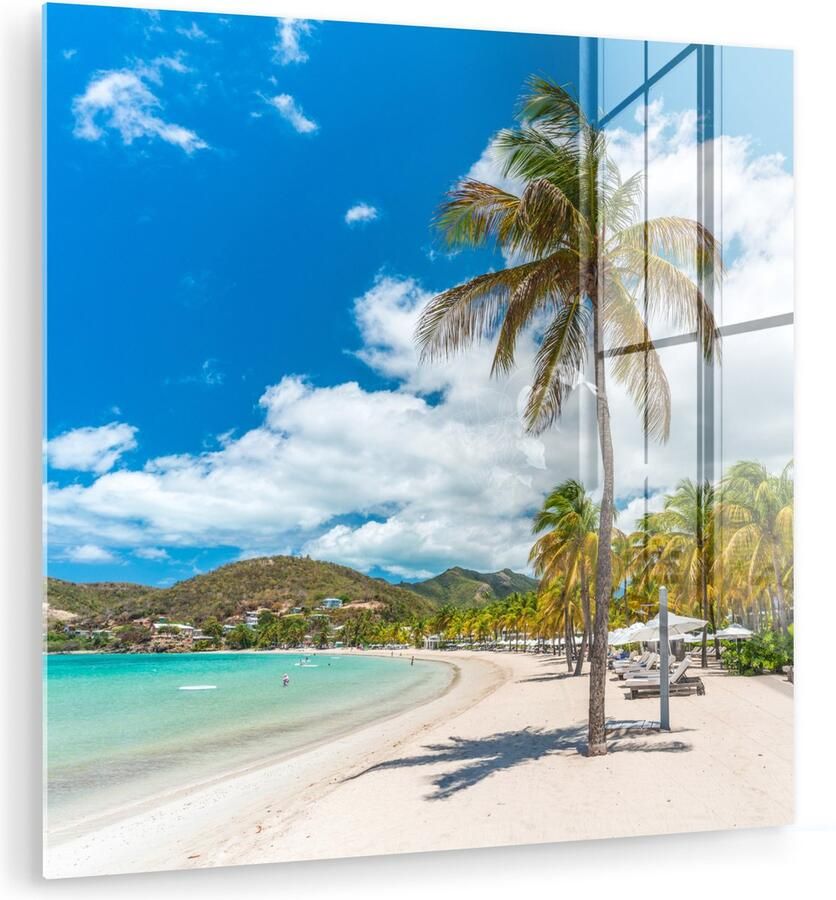 MuchoWow Glasschilderij 50x50 cm Schilderij acrylglas Strand Ligbed Palmbomen Foto op glas Muurdecoratie woonkamer Wanddecoratie slaapkamer Schilderijen