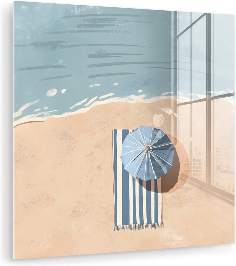 MuchoWow Glasschilderij 90x90 cm Schilderij acrylglas Strandlaken Strepen Parasol Strand Foto op glas Muurdecoratie woonkamer Wanddecoratie slaapkamer Schilderijen