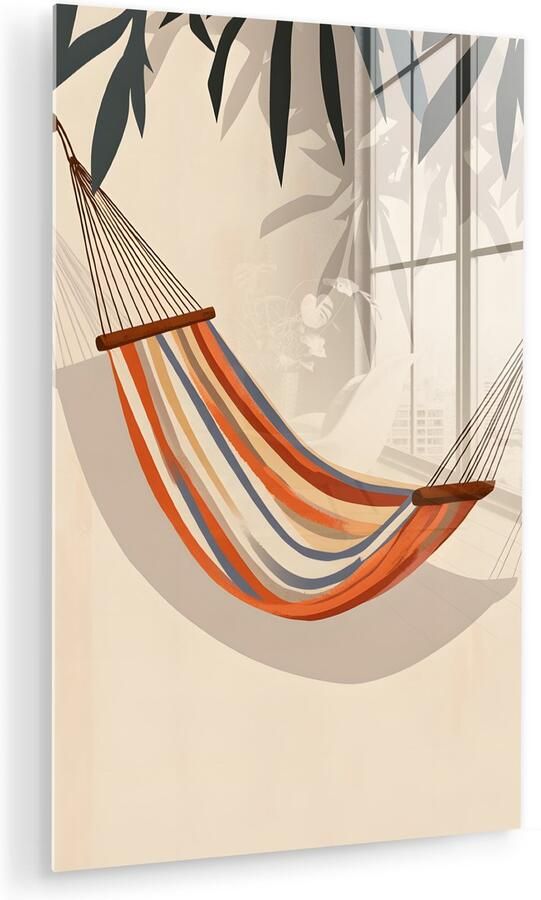 MuchoWow Glasschilderij 120x180 cm Schilderij acrylglas Hangmat Kleurrijk Bladeren Schaduw Foto op glas Muurdecoratie woonkamer Wanddecoratie slaapkamer Schilderijen