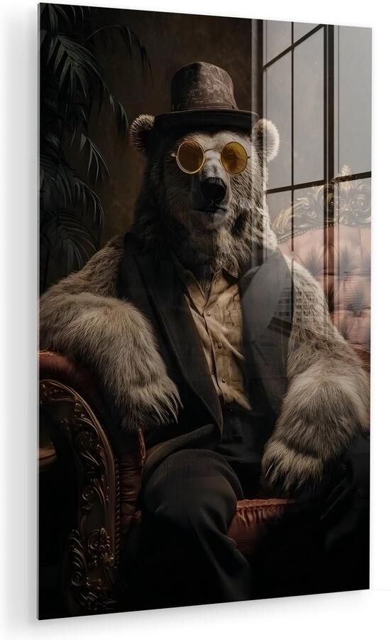 MuchoWow Glasschilderij 60x90 cm Schilderij acrylglas Ijsbeer Hoed Bril Stoel Foto op glas Muurdecoratie woonkamer Wanddecoratie slaapkamer Schilderijen