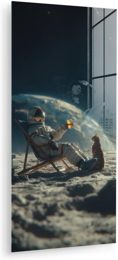 MuchoWow Glasschilderij 80x160 cm Schilderij acrylglas Astronaut Kat Glas Stoel Foto op glas Muurdecoratie woonkamer Wanddecoratie slaapkamer Schilderijen