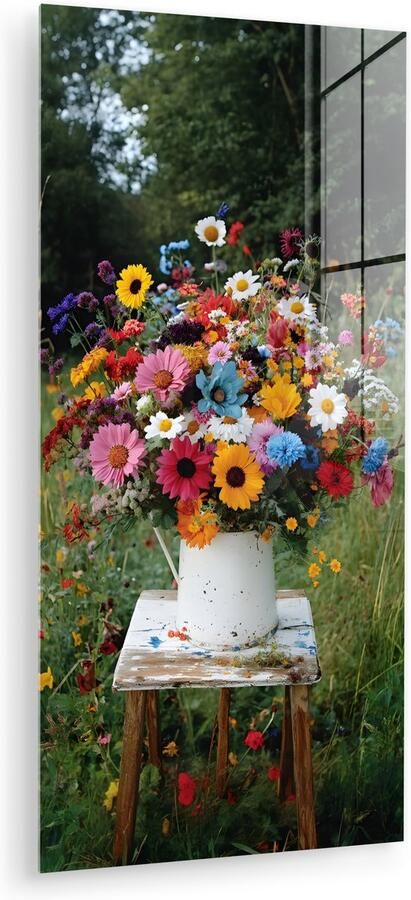 MuchoWow Glasschilderij 40x80 cm Schilderij acrylglas Bloemen Krukje Gieter Veld Foto op glas Muurdecoratie woonkamer Wanddecoratie slaapkamer Schilderijen