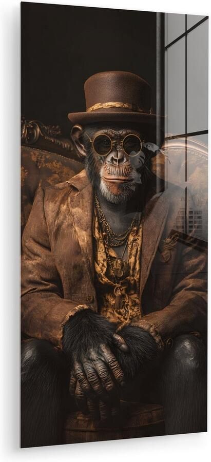 MuchoWow Glasschilderij 80x160 cm Schilderij acrylglas Chimpansee Stoel Pak Bruin Foto op glas Muurdecoratie woonkamer Wanddecoratie slaapkamer Schilderijen