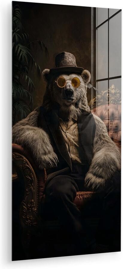 MuchoWow Glasschilderij 80x160 cm Schilderij acrylglas Ijsbeer Hoed Bril Stoel Foto op glas Muurdecoratie woonkamer Wanddecoratie slaapkamer Schilderijen