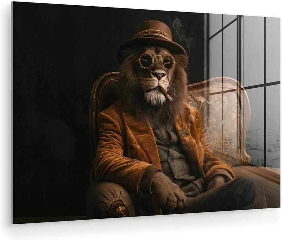 MuchoWow Glasschilderij 120x80 cm Schilderij acrylglas Bril Leeuw Bank Hoed Foto op glas Muurdecoratie woonkamer Wanddecoratie slaapkamer Schilderijen