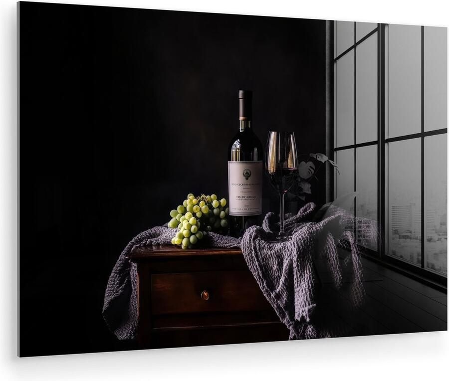 MuchoWow Glasschilderij 150x100 cm Schilderij acrylglas Druiven Wijn Rood Tafel Foto op glas Muurdecoratie woonkamer Wanddecoratie slaapkamer Schilderijen