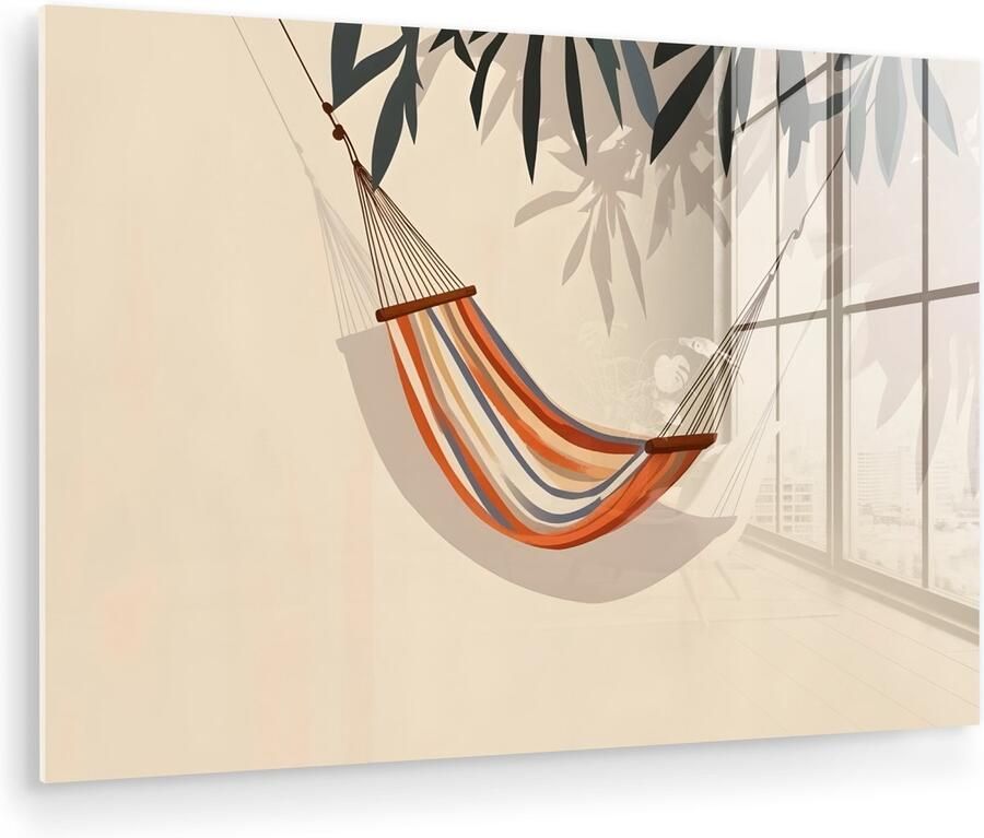 MuchoWow Glasschilderij 30x20 cm Schilderij acrylglas Hangmat Kleurrijk Bladeren Schaduw Foto op glas Muurdecoratie woonkamer Wanddecoratie slaapkamer Schilderijen