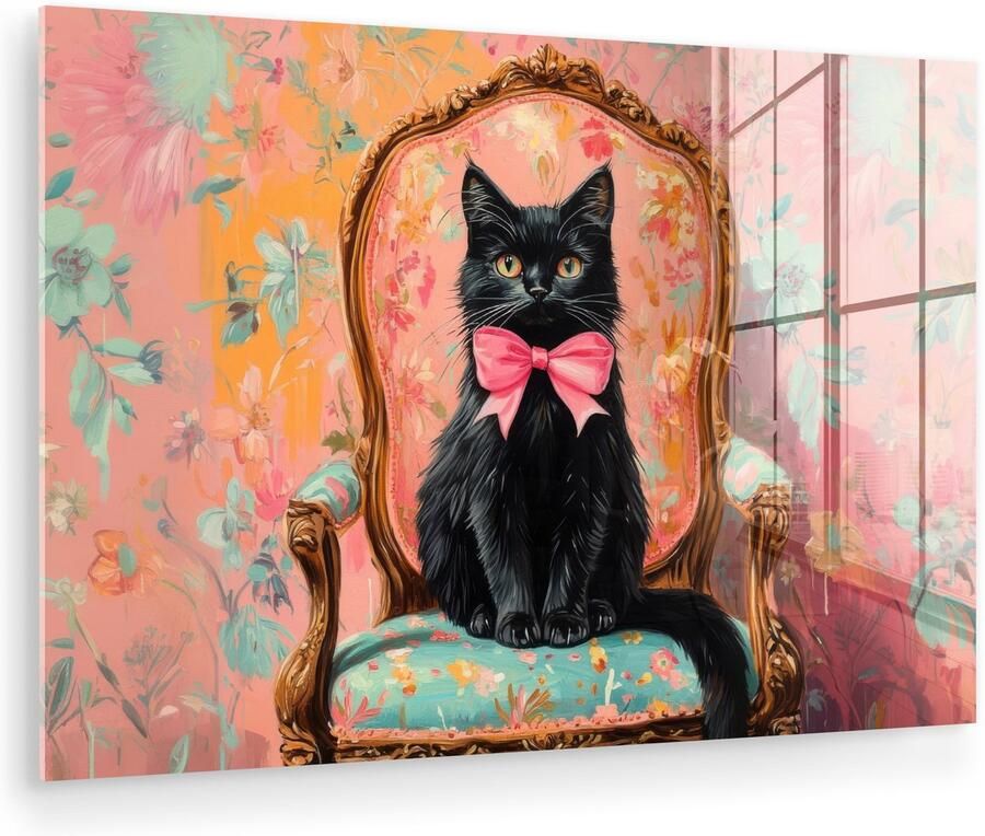 MuchoWow Glasschilderij 120x80 cm Schilderij acrylglas Kat Roze Stoel met bloemenmotief Foto op glas Muurdecoratie woonkamer Wanddecoratie slaapkamer Schilderijen
