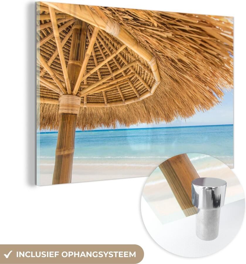 MuchoWow Glasschilderij 30x20 cm Schilderij acrylglas Parasol Strand Zee Tropisch Foto op glas Schilderijen
