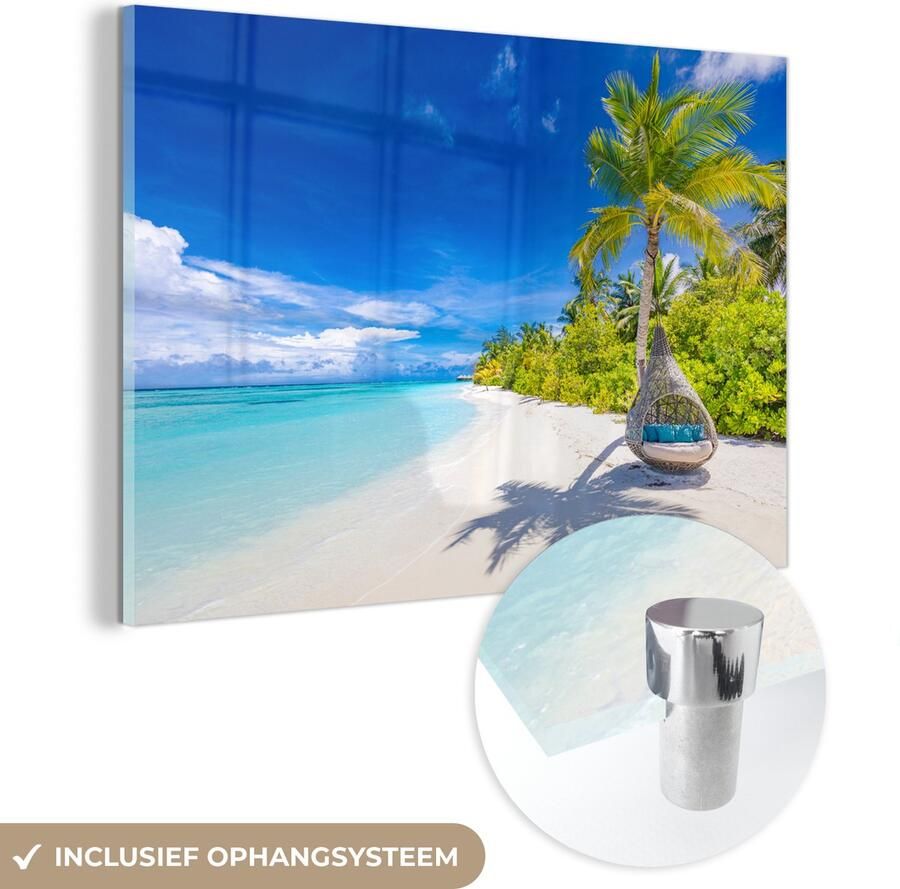MuchoWow Glasschilderij 30x20 cm Schilderij acrylglas Strand Palm Hangstoel Foto op glas Muurdecoratie woonkamer Wanddecoratie slaapkamer Schilderijen - Foto 2