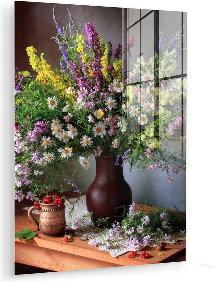 MuchoWow Glasschilderij 60x80 cm Schilderij acrylglas Bloemen Tafel Stilleven Boeket Vaas Foto op glas Muurdecoratie woonkamer Wanddecoratie slaapkamer Schilderijen