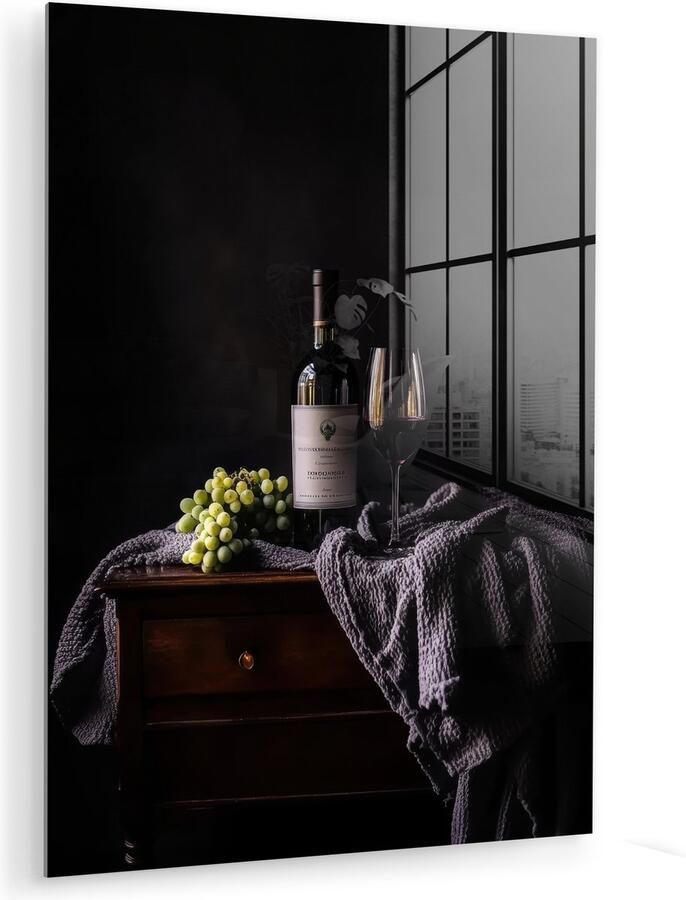 MuchoWow Glasschilderij 120x160 cm Schilderij acrylglas Druiven Wijn Rood Tafel Foto op glas Muurdecoratie woonkamer Wanddecoratie slaapkamer Schilderijen