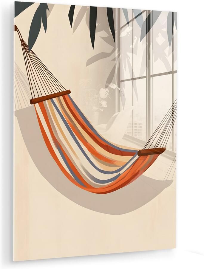 MuchoWow Glasschilderij 30x40 cm Schilderij acrylglas Hangmat Kleurrijk Bladeren Schaduw Foto op glas Muurdecoratie woonkamer Wanddecoratie slaapkamer Schilderijen