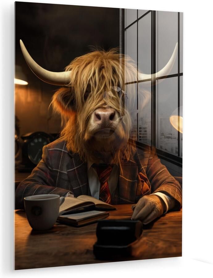 MuchoWow Glasschilderij 90x120 cm Schilderij acrylglas Schotse hooglander Dier Pak Bureau Foto op glas Muurdecoratie woonkamer Wanddecoratie slaapkamer Schilderijen