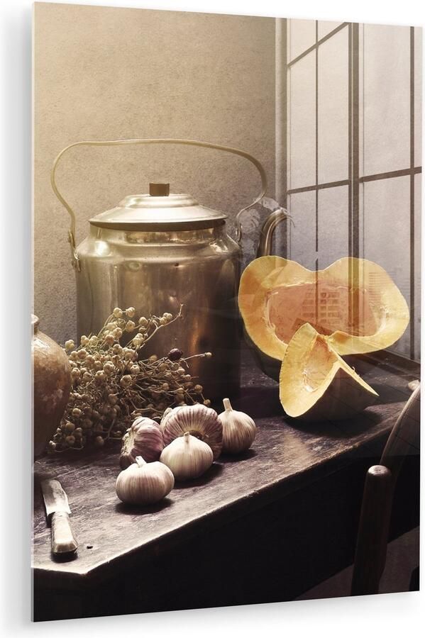 MuchoWow Glasschilderij 30x40 cm Schilderij acrylglas Stilleven Pompoen Knoflook Pan Tafel Foto op glas Muurdecoratie woonkamer Wanddecoratie slaapkamer Schilderijen