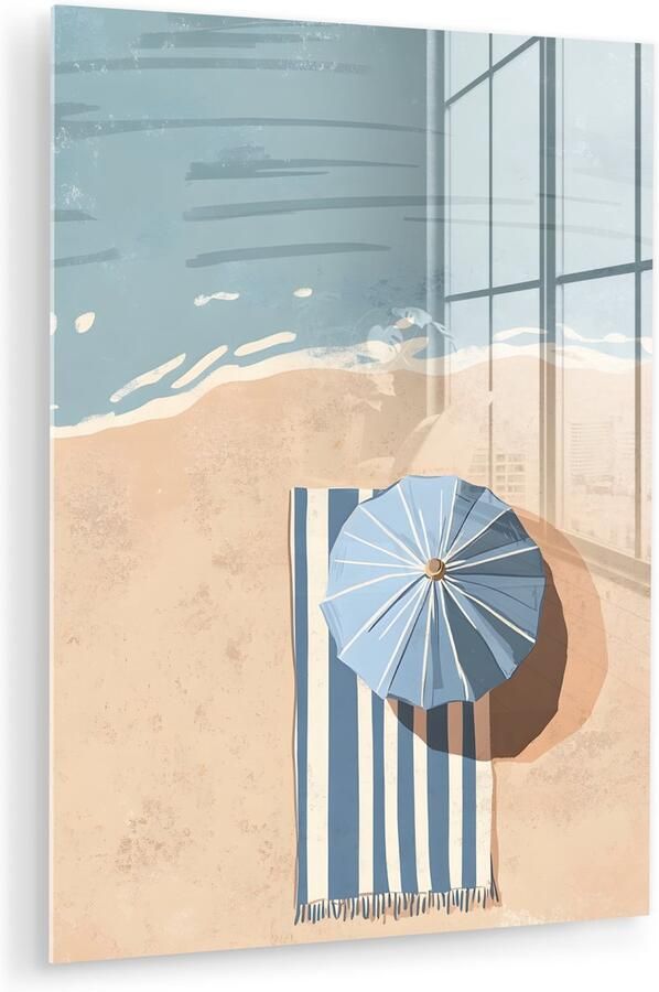MuchoWow Glasschilderij 90x120 cm Schilderij acrylglas Strandlaken Strepen Parasol Strand Foto op glas Muurdecoratie woonkamer Wanddecoratie slaapkamer Schilderijen