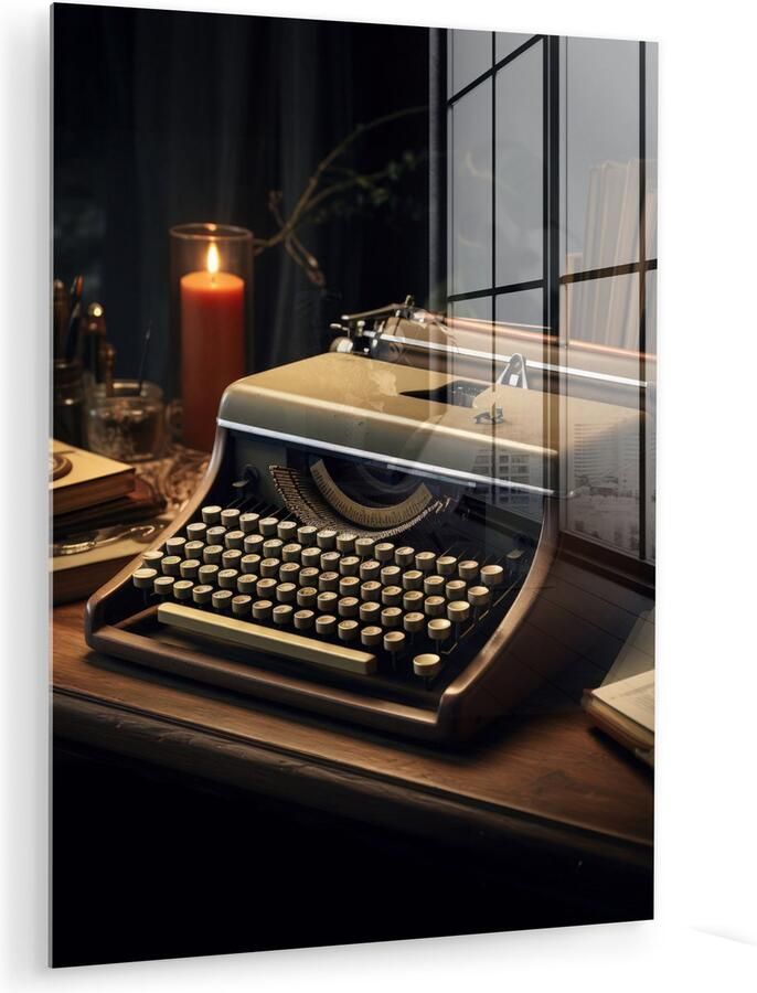 MuchoWow Glasschilderij 90x120 cm Schilderij acrylglas Vintage Typmachine Kaars Oud Bureau Foto op glas Muurdecoratie woonkamer Wanddecoratie slaapkamer Schilderijen