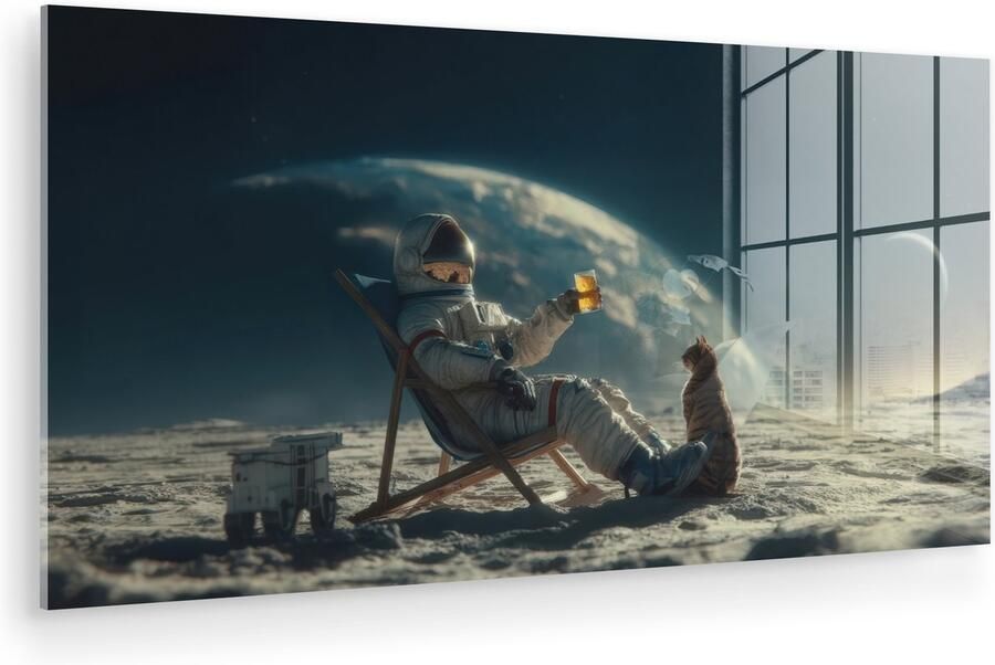 MuchoWow Glasschilderij 160x80 cm Schilderij acrylglas Astronaut Kat Glas Stoel Foto op glas Muurdecoratie woonkamer Wanddecoratie slaapkamer Schilderijen
