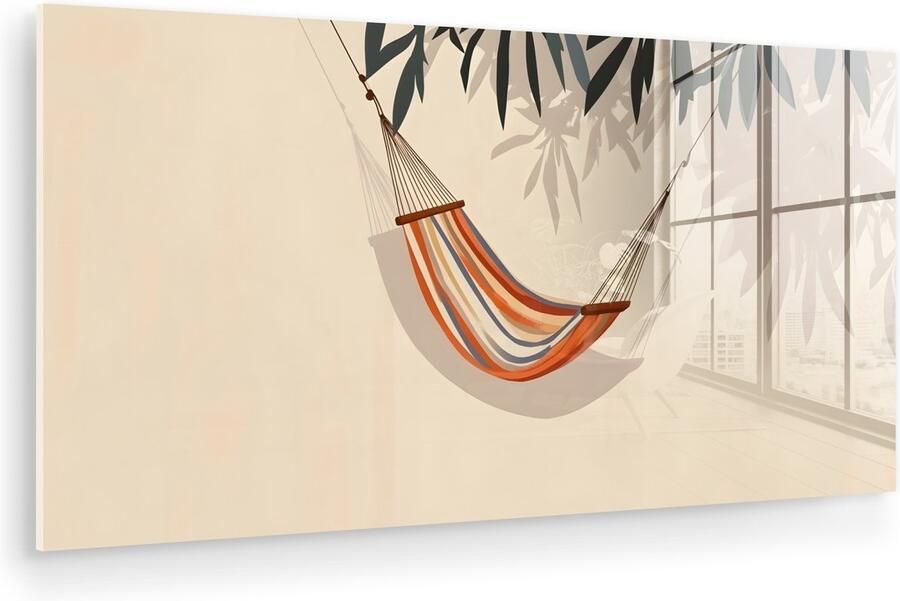 MuchoWow Glasschilderij 40x20 cm Schilderij acrylglas Hangmat Kleurrijk Bladeren Schaduw Foto op glas Muurdecoratie woonkamer Wanddecoratie slaapkamer Schilderijen