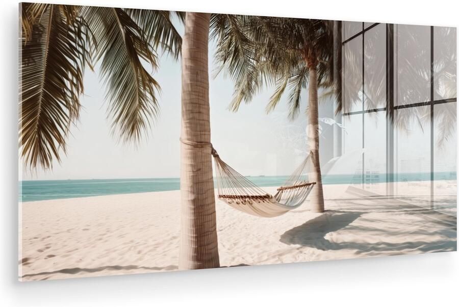 MuchoWow Glasschilderij 120x60 cm Schilderij acrylglas Hangmat Palmbomen Strand Zee Foto op glas Muurdecoratie woonkamer Wanddecoratie slaapkamer Schilderijen