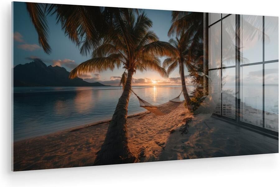 MuchoWow Glasschilderij 120x60 cm Schilderij acrylglas Palmbomen Hangmat Strand Zonsondergang Foto op glas Muurdecoratie woonkamer Wanddecoratie slaapkamer Schilderijen