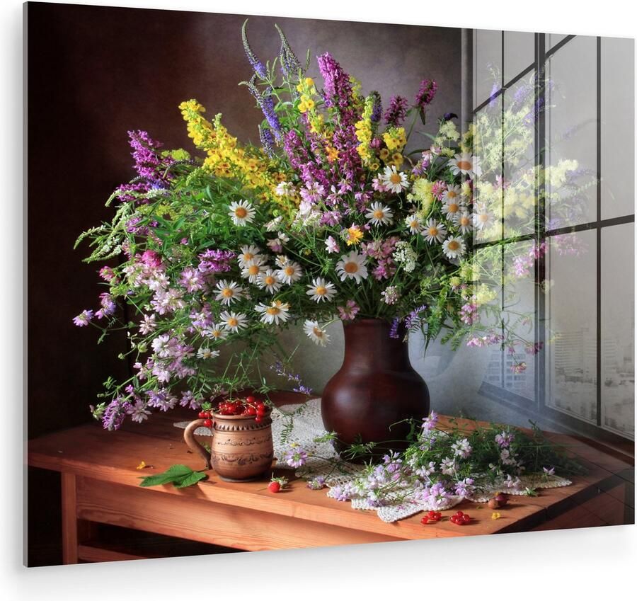 MuchoWow Glasschilderij 40x30 cm Schilderij acrylglas Bloemen Tafel Stilleven Boeket Vaas Foto op glas Muurdecoratie woonkamer Wanddecoratie slaapkamer Schilderijen - Foto 2